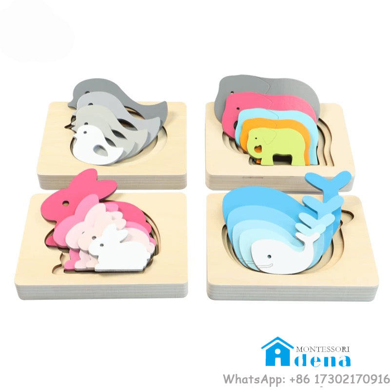Rompecabezas de madera con capas degradadas: conejo, pájaro, elefante y ballena